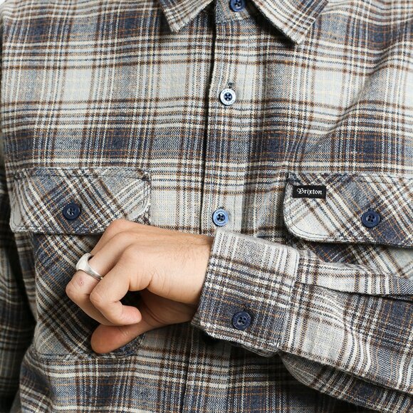 Brixton Bowery Plaid Flannel Long Sleeve Button Up Blue Grey Shirt Workwear - Picture 2 of 12